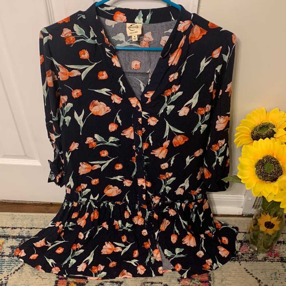 Floral printed shirt navy blue dress size medium